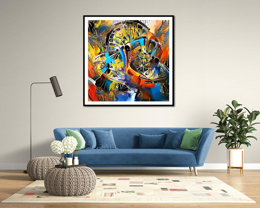 A framed print of an abstract artwork from the Eternal Bliss Abstracts collection by Bliss Of Art, beautifully adorning the wall of a drawing room behind a comfortable sofa.