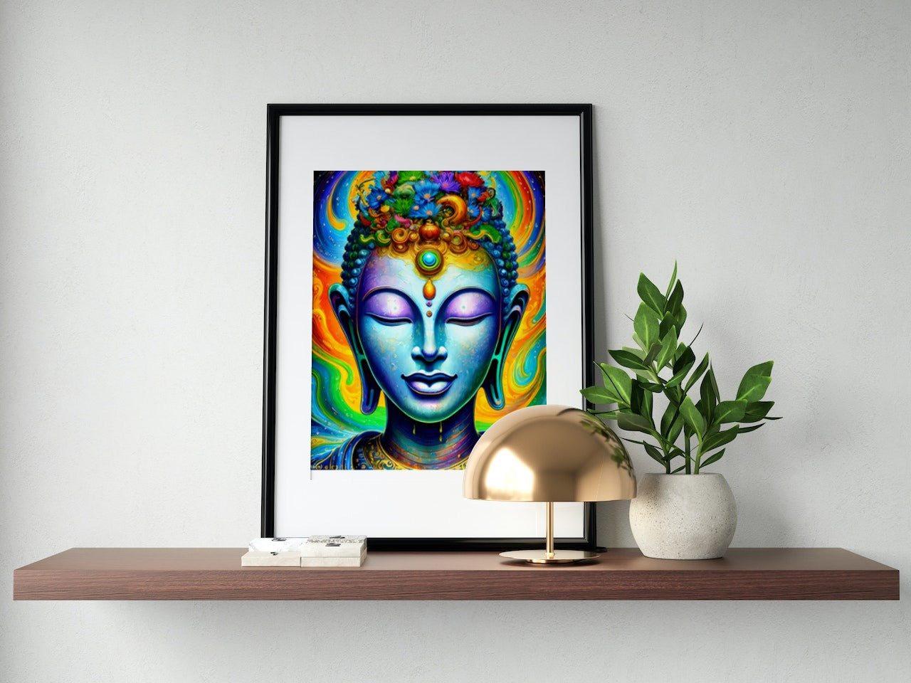 A vibrant, framed portrait painting of a Buddha face, adorned with various colors, placed on shelf of a well-lit room. The contemporary artwork adds a touch of serenity and spirituality to the room's decor.