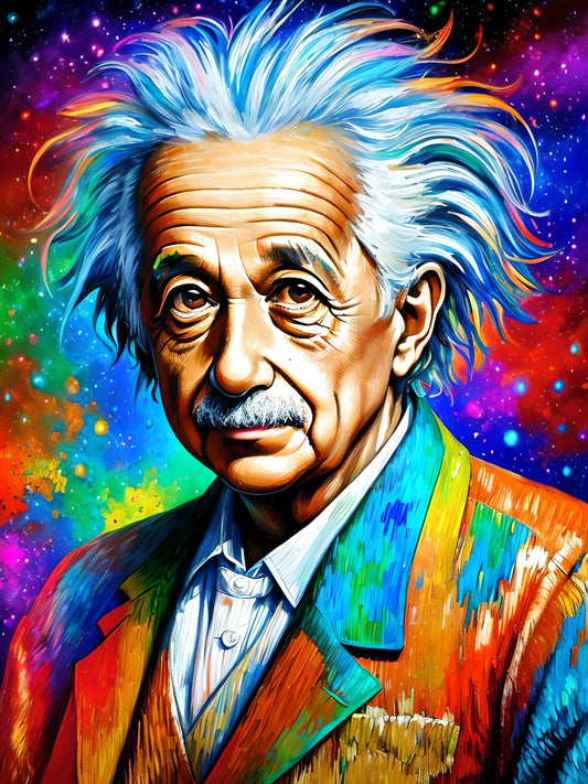 A digital painting of Albert Einstein. The portrait painting showcases Einstein's iconic disheveled white hair, furrowed brow, and thoughtful expression. The background features vibrant colors and abstract brushstrokes, adding depth and texture to this unique artwork.