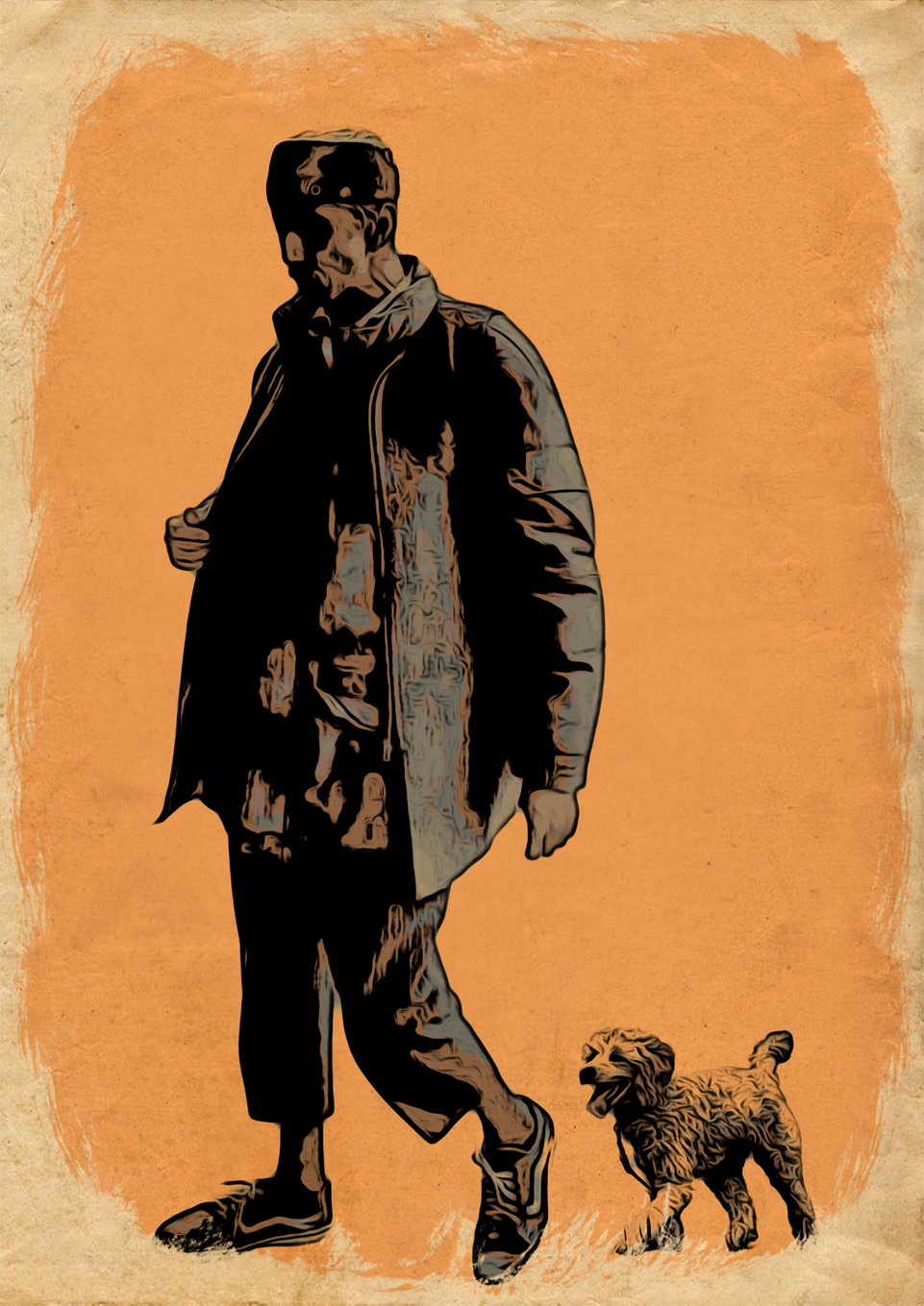 An unique painting depicting a man wearing a cap and walking with a his dog by his side. The man is wearing a long jacket , and both the man and the dog are portrayed in a semi-realistic style. The painting showcases subtle colors and captures a peaceful and joyful atmosphere.